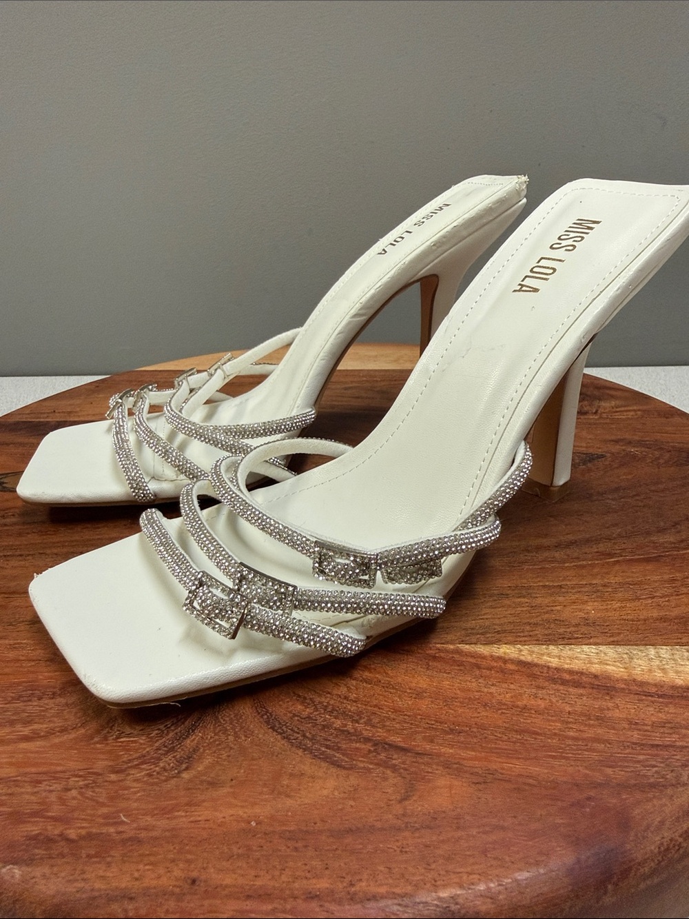 Miss Lola Aurora Rhinestone Strappy Mule Heels White Size 9 Square Toe